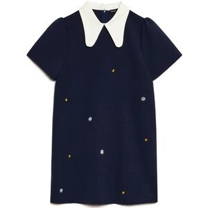 Sister Jane Peter Pant Collar Embellished Puff Sleeve Jacquard Mini Dress Navy
